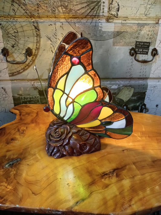 Tiffany Multi Coloured Stained Glass Butterfly Table Lamp