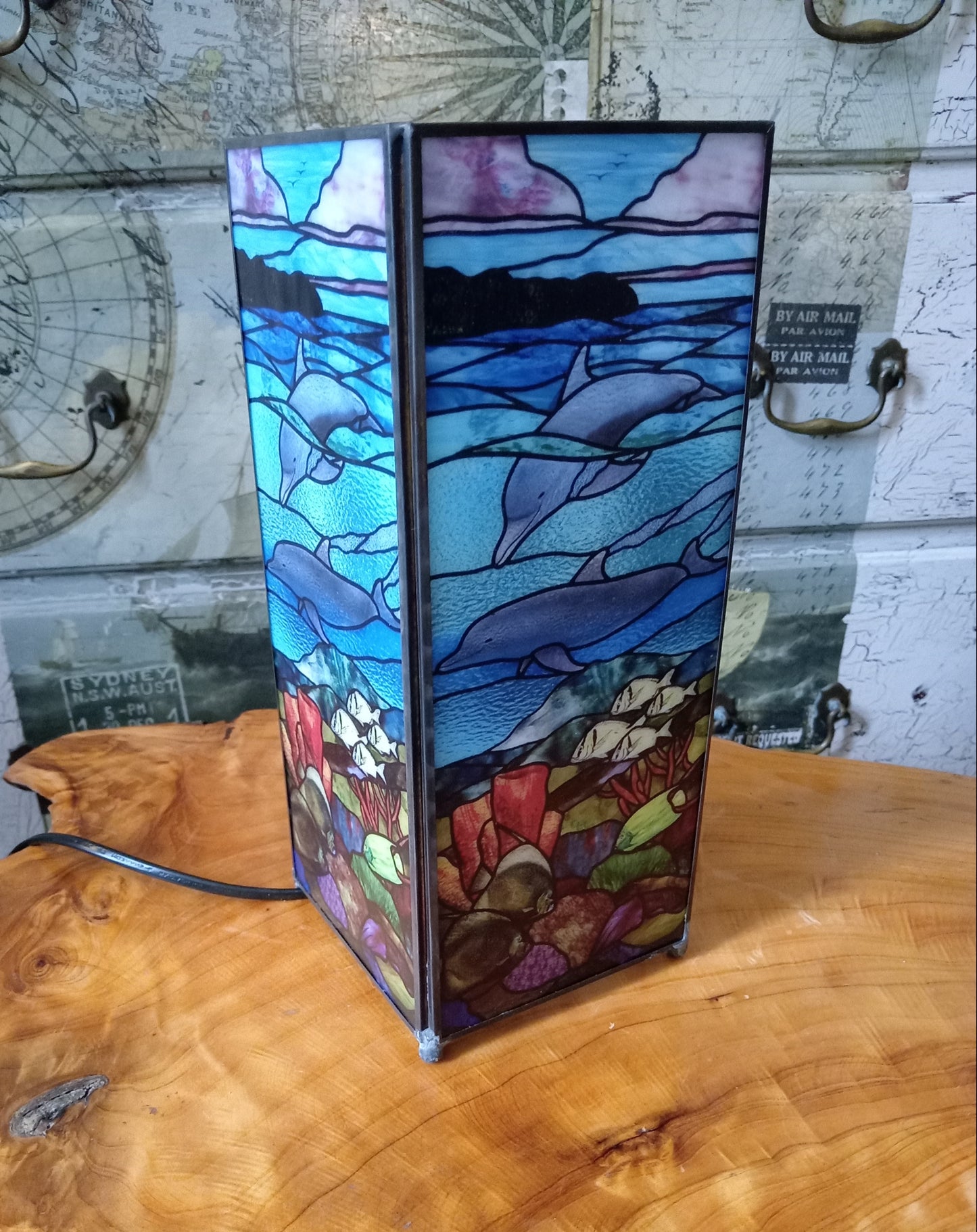 Stained Glass Dolphin Square Glass and Metal Table Lamp