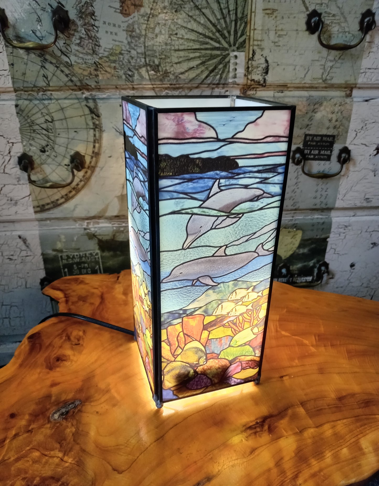 Stained Glass Dolphin Square Glass and Metal Table Lamp