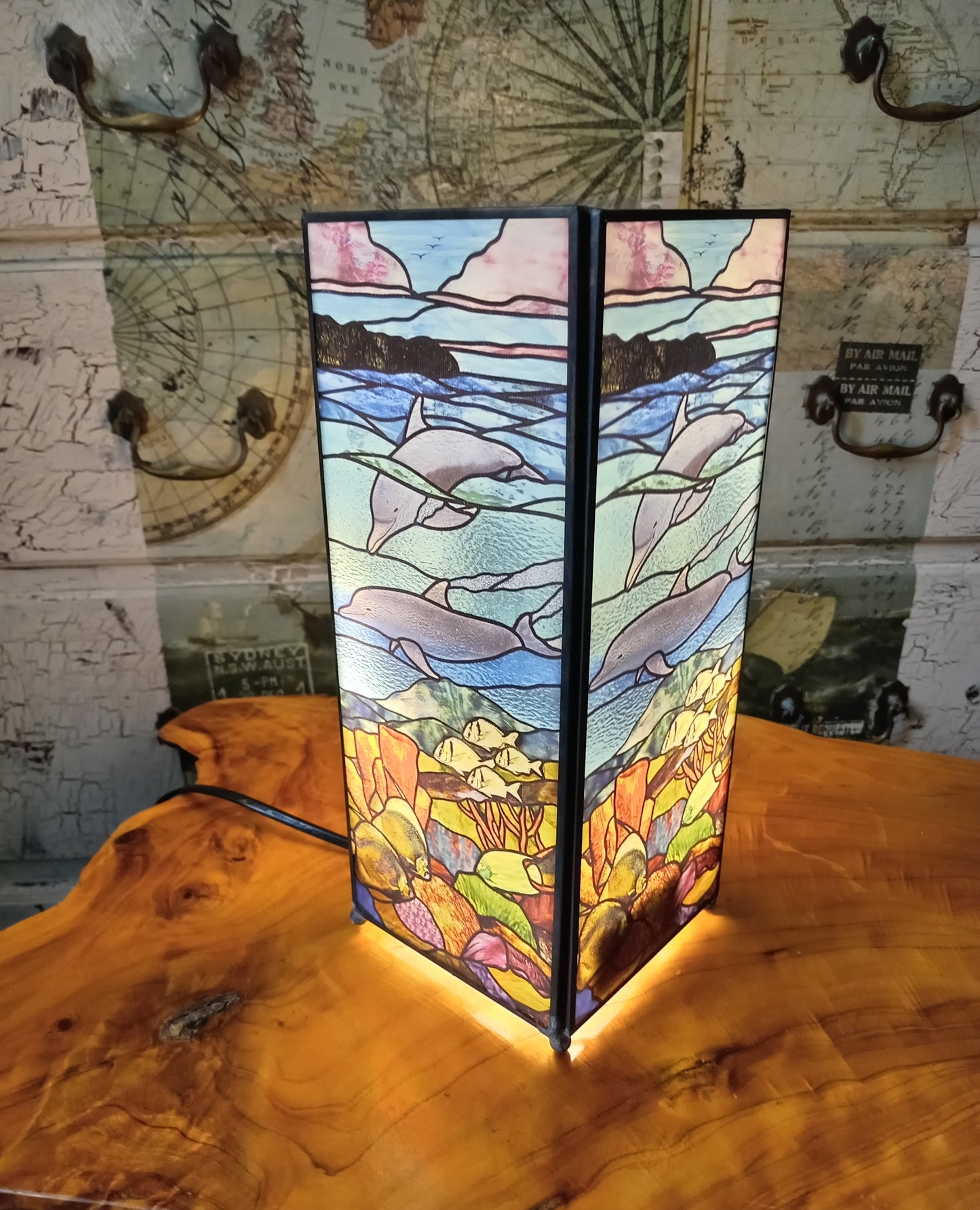 Stained Glass Dolphin Square Glass and Metal Table Lamp