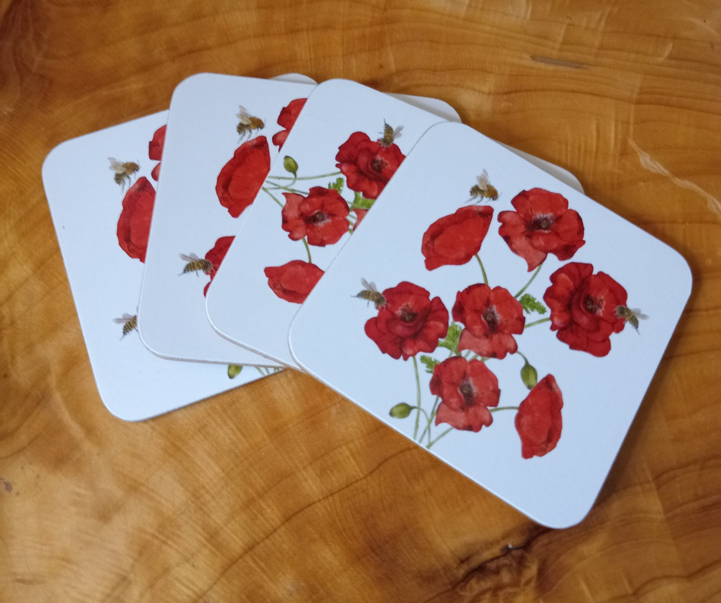 Set Of Four Poppy and Bee Coasters