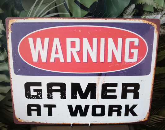 Large Warning Gamer At Work Metal Tin Sign