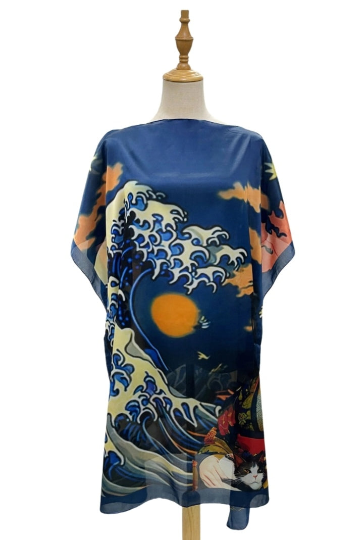 Japanese 'Great Wave and Lady' Silk Cover Up