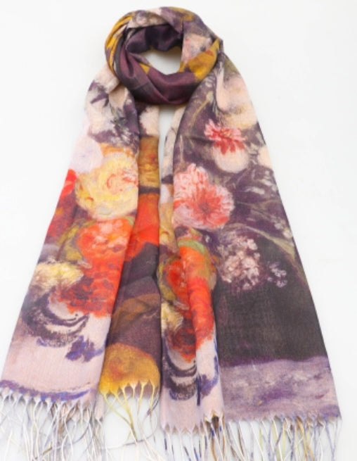 Scarf 1 - Dutch Oil Painting Floral Art Shiny Tasseled