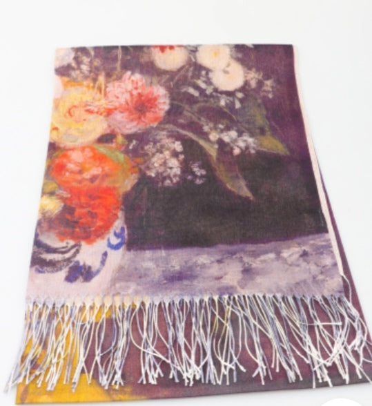 Scarf 1 - Dutch Oil Painting Floral Art Shiny Tasseled