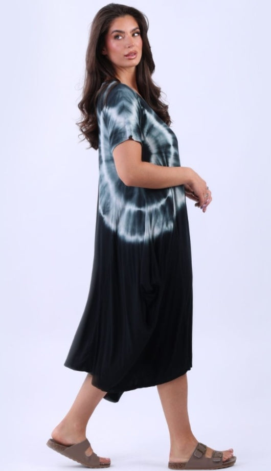 Italian Tie Dyed Halo Panel Drape Oversized Maxi Dress