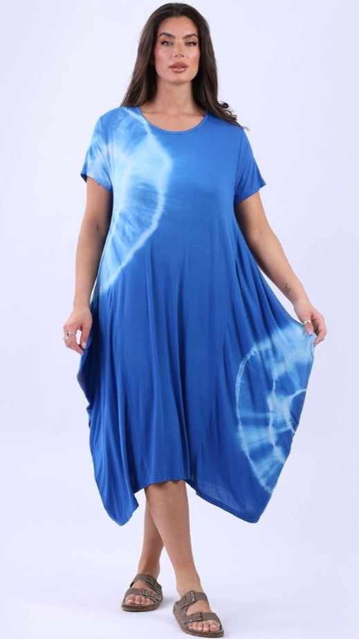 Italian Royal Blue Tie Dyed Halo Panel Drape Oversized Maxi Dress