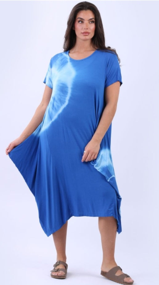 Italian Royal Blue Tie Dyed Halo Panel Drape Oversized Maxi Dress