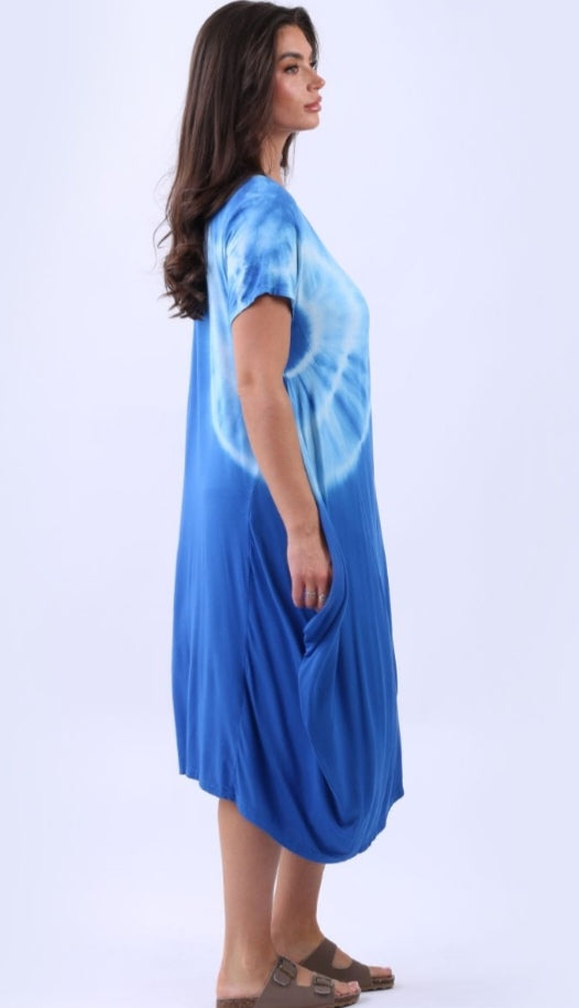 Italian Royal Blue Tie Dyed Halo Panel Drape Oversized Maxi Dress