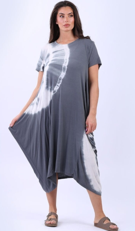 Italian Charcoal Tie Dyed Halo Panel Drape Oversized Maxi Dress