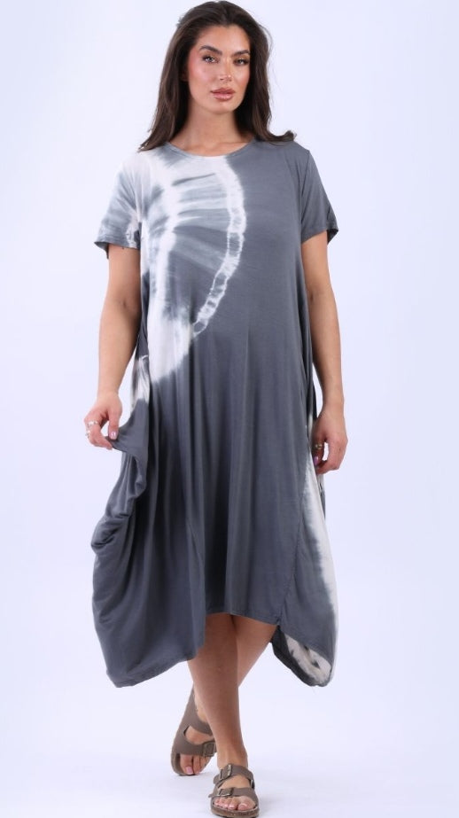 Italian Charcoal Tie Dyed Halo Panel Drape Oversized Maxi Dress