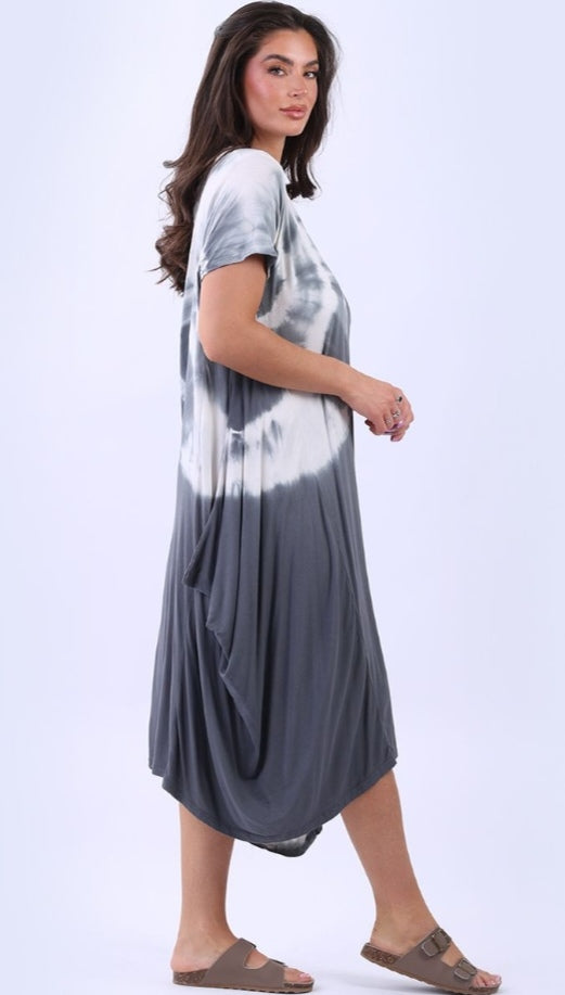 Italian Charcoal Tie Dyed Halo Panel Drape Oversized Maxi Dress