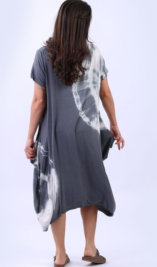 Italian Charcoal Tie Dyed Halo Panel Drape Oversized Maxi Dress