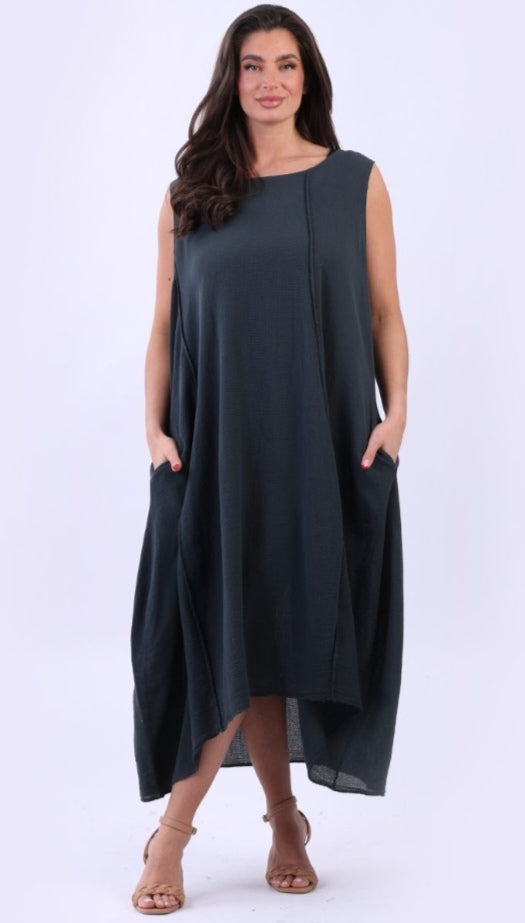 Italian Charcoal Plain Cotton Raw Edges Lagenlook Sleeveless Slouchy Dress