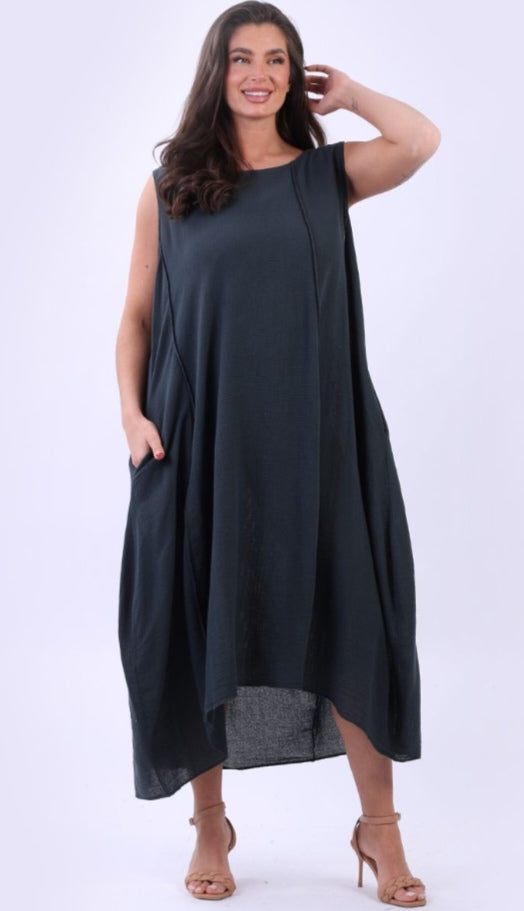 Italian Charcoal Plain Cotton Raw Edges Lagenlook Sleeveless Slouchy Dress