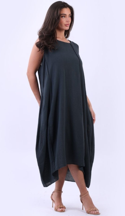 Italian Charcoal Plain Cotton Raw Edges Lagenlook Sleeveless Slouchy Dress