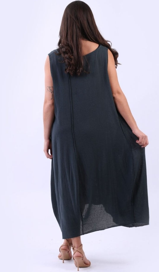 Italian Charcoal Plain Cotton Raw Edges Lagenlook Sleeveless Slouchy Dress