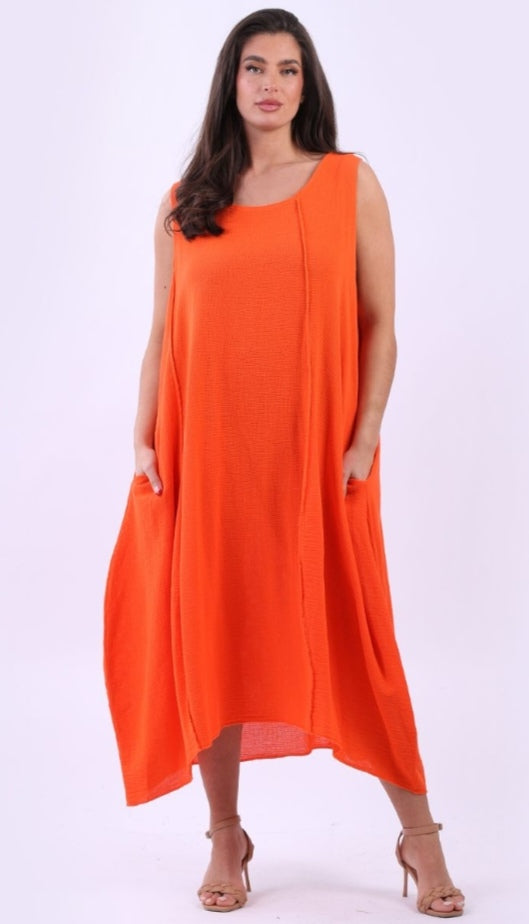 Italian Orange Plain Cotton Raw Edges Lagenlook Sleeveless Slouchy Dress