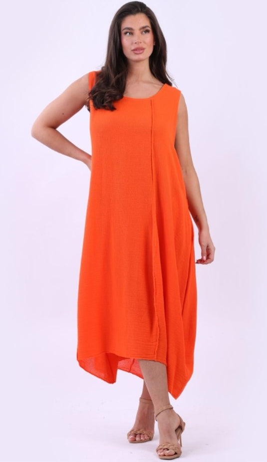 Italian Orange Plain Cotton Raw Edges Lagenlook Sleeveless Slouchy Dress