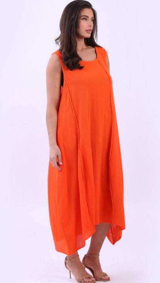 Italian Orange Plain Cotton Raw Edges Lagenlook Sleeveless Slouchy Dress