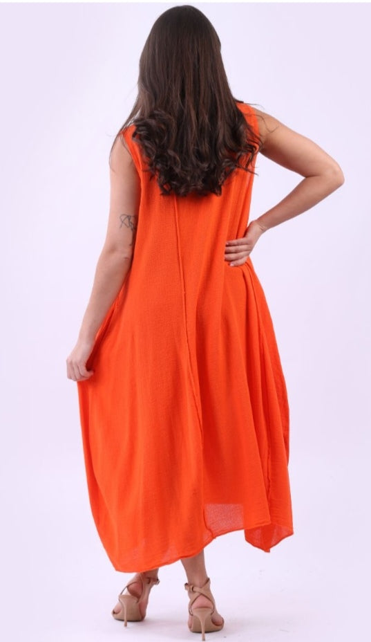 Italian Orange Plain Cotton Raw Edges Lagenlook Sleeveless Slouchy Dress