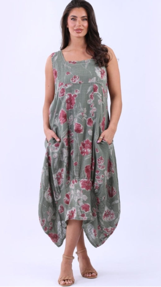 Italian Khaki Sleeveless High Low Floral Oversized Dress