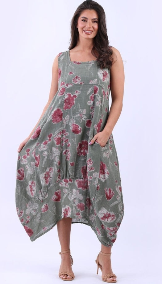 Italian Khaki Sleeveless High Low Floral Oversized Dress