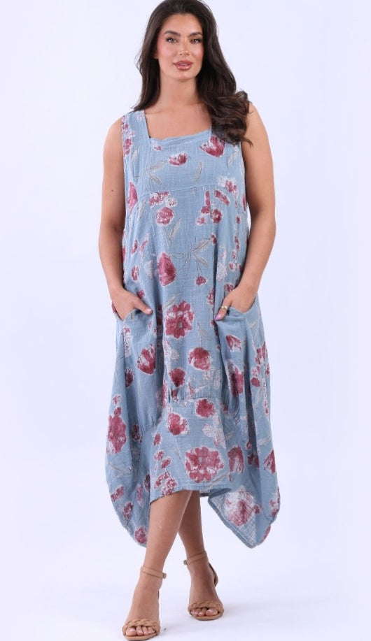 Italian Denim Blue Sleeveless High Low Floral Oversized Cotton Dress