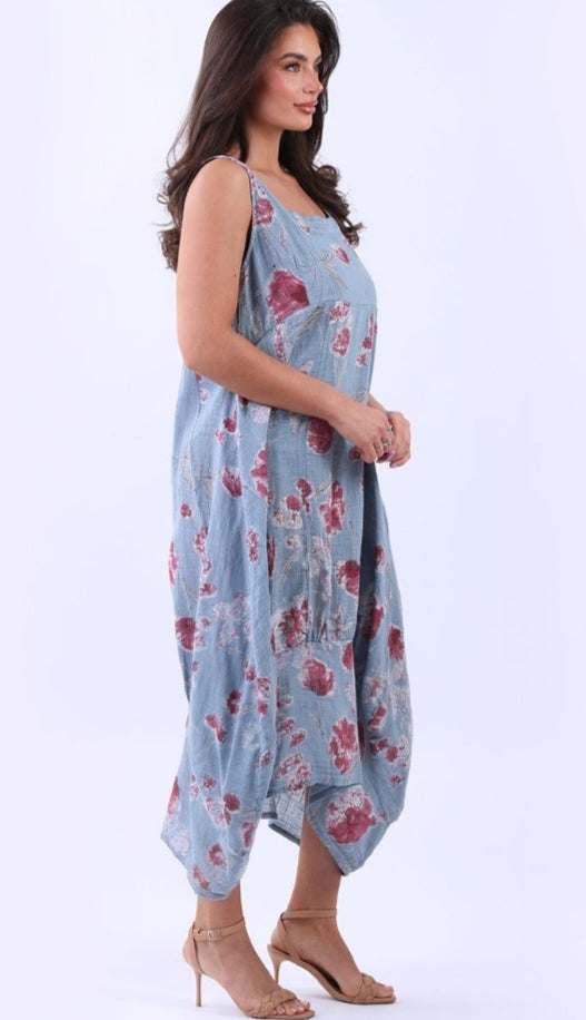 Italian Denim Blue Sleeveless High Low Floral Oversized Cotton Dress