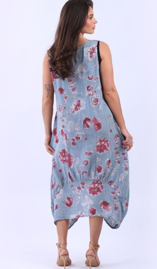 Italian Denim Blue Sleeveless High Low Floral Oversized Cotton Dress