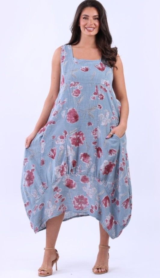 Italian Denim Blue Sleeveless High Low Floral Oversized Cotton Dress