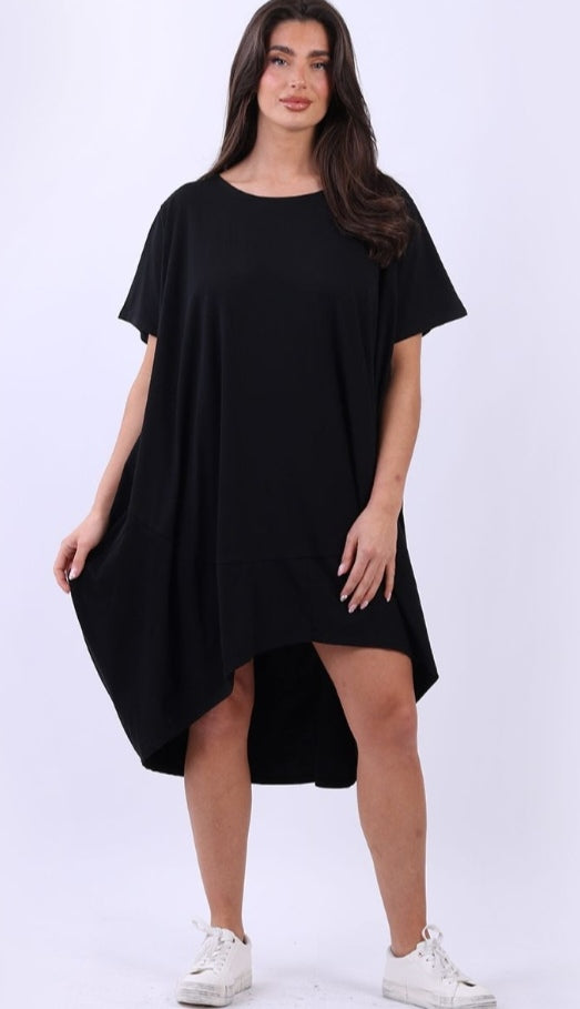 Italian Black Plain Cotton Lagenlook Plus Size Slouch Midi Dress