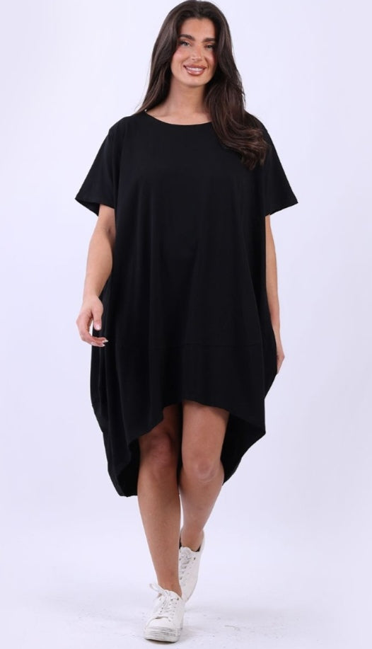 Italian Black Plain Cotton Lagenlook Plus Size Slouch Midi Dress