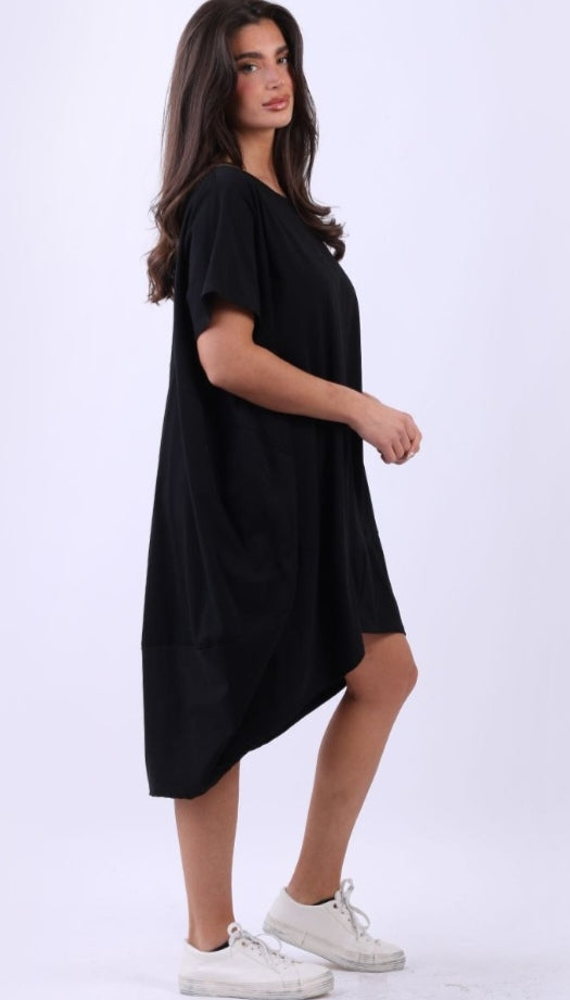 Italian Black Plain Cotton Lagenlook Plus Size Slouch Midi Dress