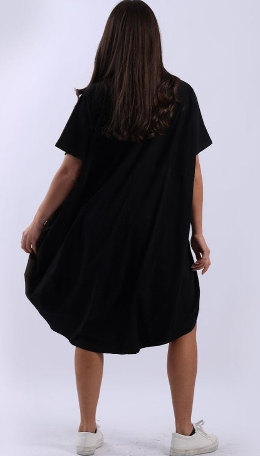 Italian Black Plain Cotton Lagenlook Plus Size Slouch Midi Dress