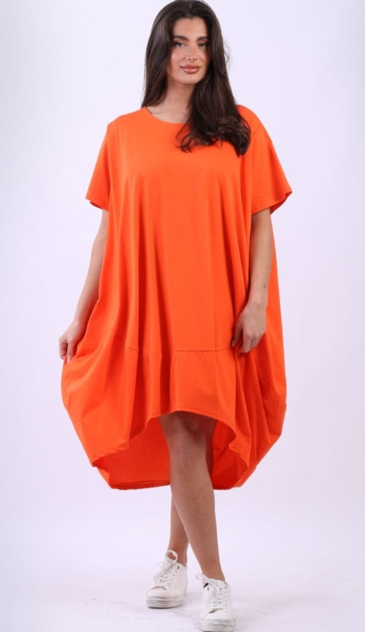 Italian Orange Plain Cotton Lagenlook Plus Size Slouch Midi Dress