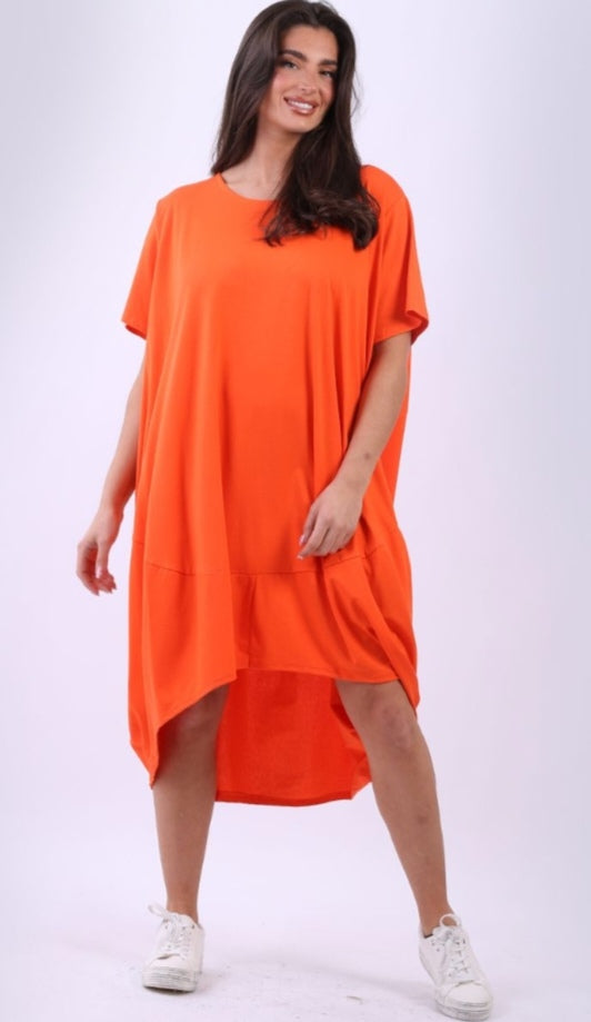 Italian Orange Plain Cotton Lagenlook Plus Size Slouch Midi Dress