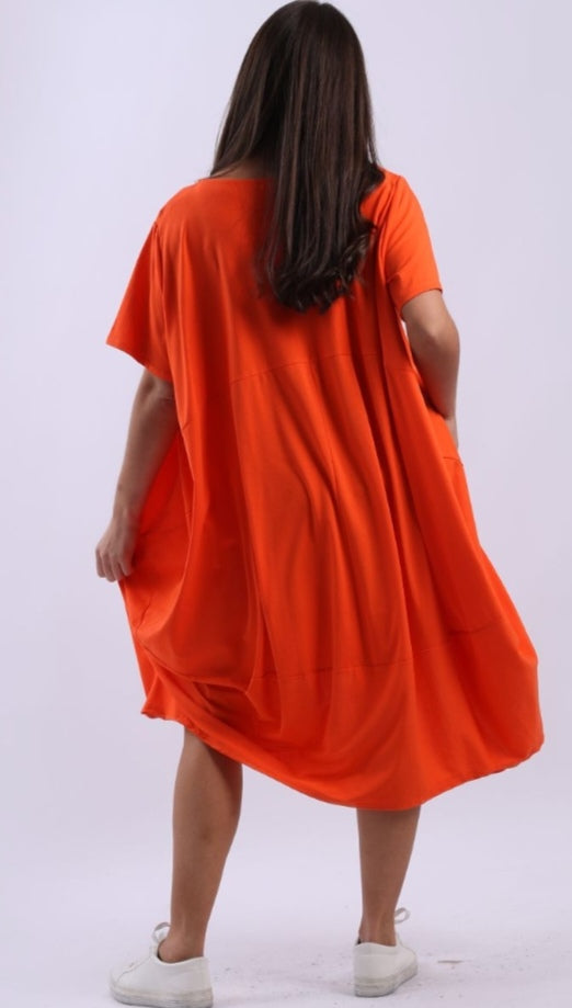 Italian Orange Plain Cotton Lagenlook Plus Size Slouch Midi Dress