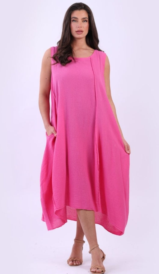 Italian Fuschia Plain Cotton Raw Edges Lagenlook Sleeveless Slouchy Dress