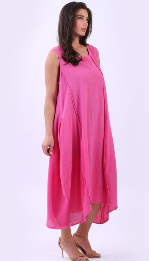 Italian Fuschia Plain Cotton Raw Edges Lagenlook Sleeveless Slouchy Dress