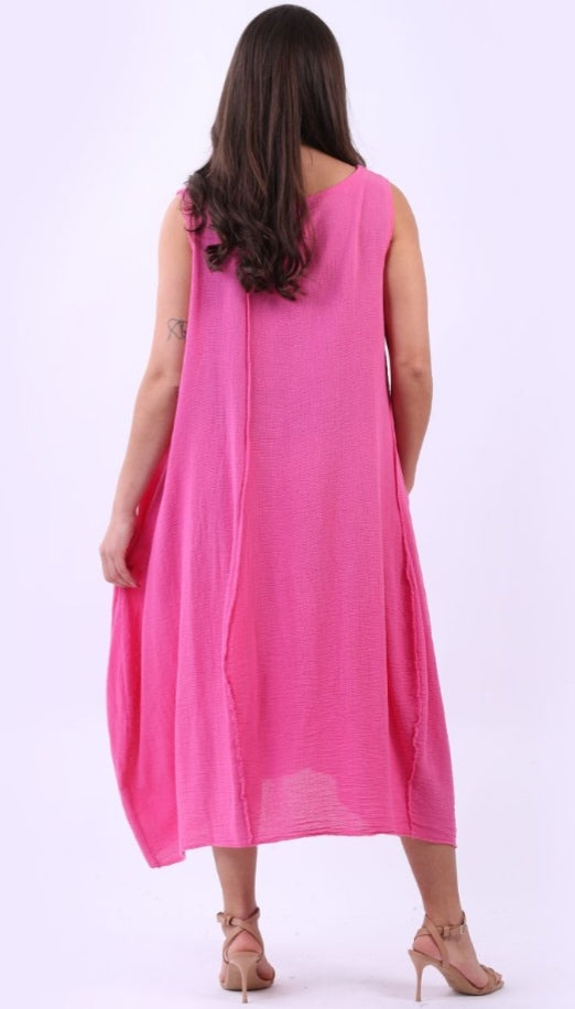 Italian Fuschia Plain Cotton Raw Edges Lagenlook Sleeveless Slouchy Dress