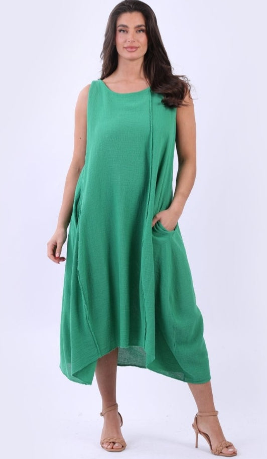 Italian Green Plain Cotton Raw Edges Lagenlook Sleeveless Slouchy Dress