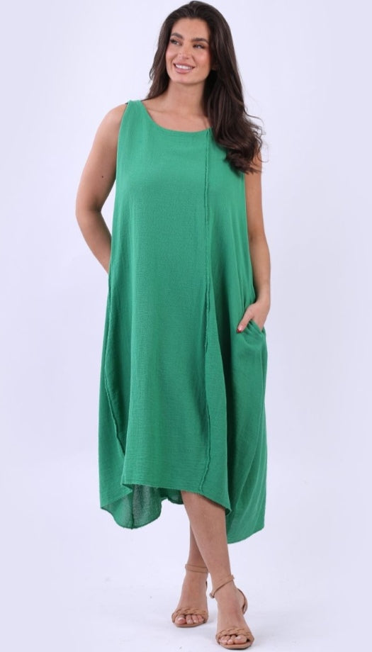 Italian Green Plain Cotton Raw Edges Lagenlook Sleeveless Slouchy Dress