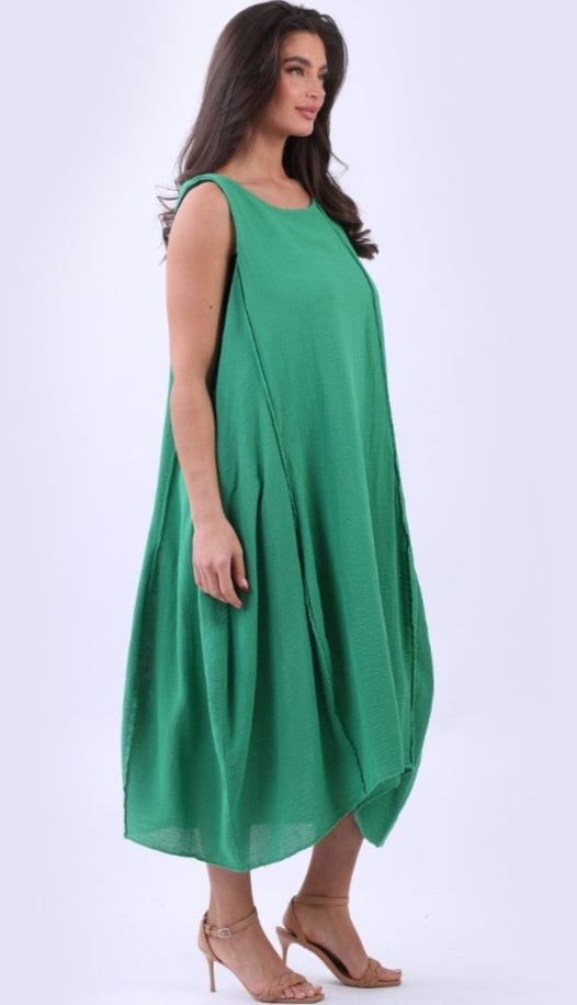 Italian Green Plain Cotton Raw Edges Lagenlook Sleeveless Slouchy Dress