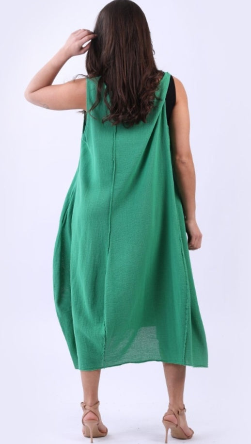 Italian Green Plain Cotton Raw Edges Lagenlook Sleeveless Slouchy Dress