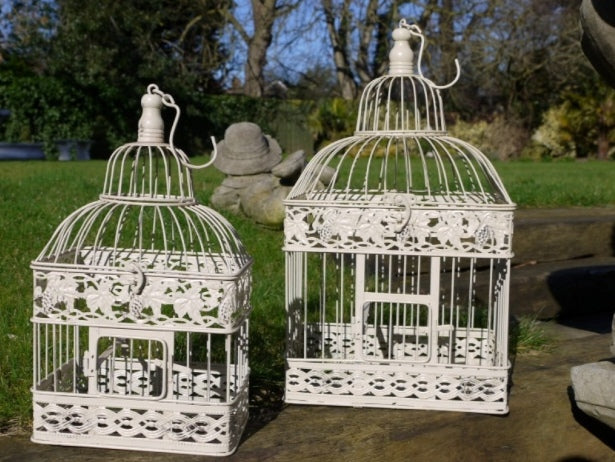 Set Of Two Vintage Style White Metal Handing Bird Cages