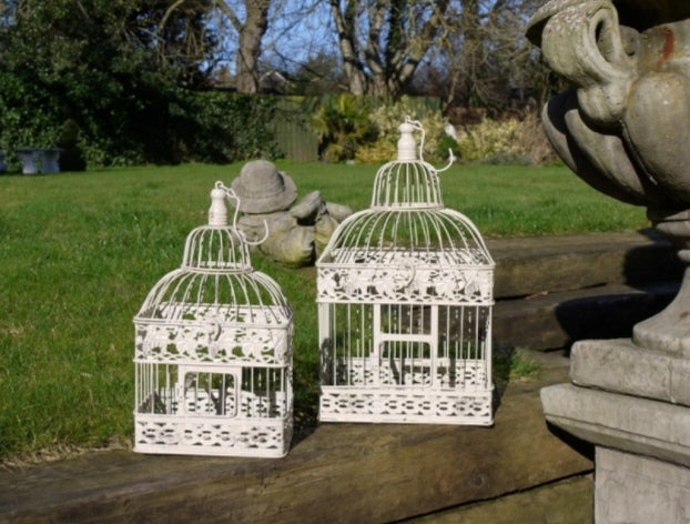 Set Of Two Vintage Style White Metal Handing Bird Cages