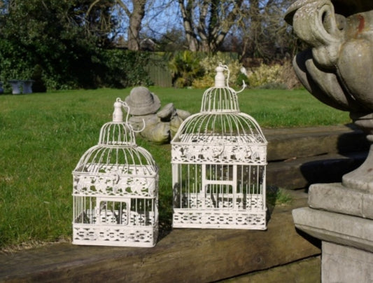 Set Of Two Vintage Style White Metal Handing Bird Cages