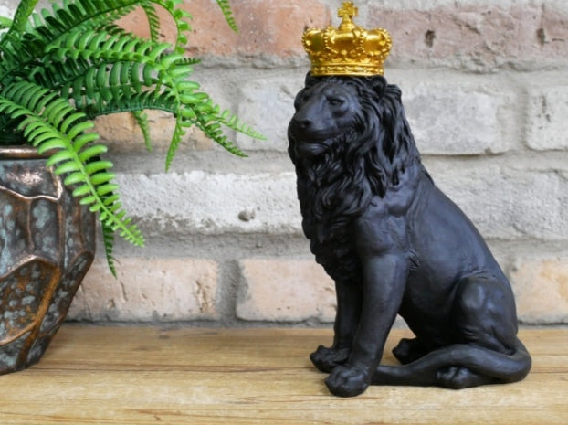 Black Sitting Lion With Gold Crown Ornament