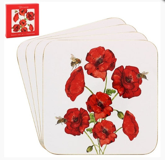 Set Of Four Poppy and Bee Coasters